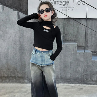 جديد ربيع بنات' طقم cool gradient دينم wide leg pants logo أكمام طويلة t-shirt formal ستايل for ages 6-7 years good quality