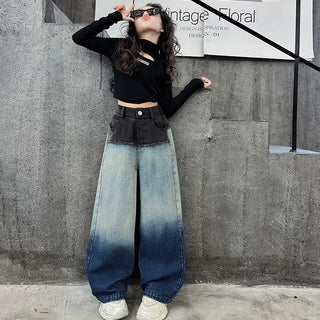 جديد ربيع بنات' طقم cool gradient دينم wide leg pants logo أكمام طويلة t-shirt formal ستايل for ages 6-7 years good quality