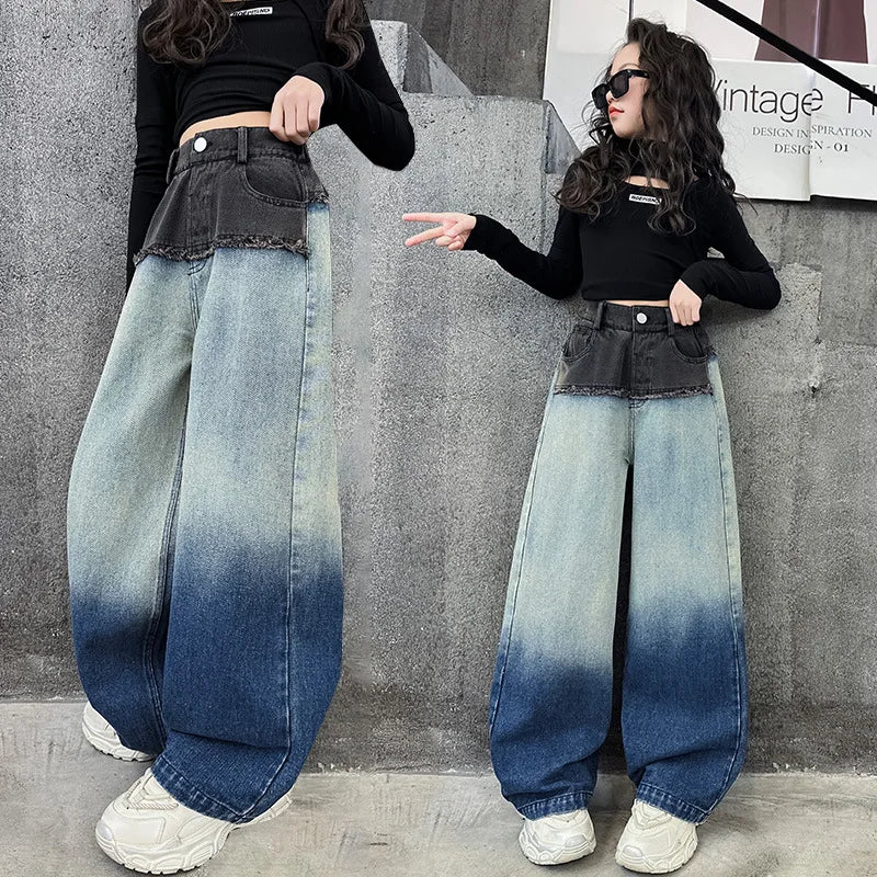 جديد ربيع بنات' طقم cool gradient دينم wide leg pants logo أكمام طويلة t-shirt formal ستايل for ages 6-7 years good quality