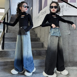 جديد ربيع بنات' طقم cool gradient دينم wide leg pants logo أكمام طويلة t-shirt formal ستايل for ages 6-7 years good quality