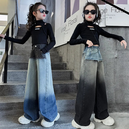 جديد ربيع بنات' طقم cool gradient دينم wide leg pants logo أكمام طويلة t-shirt formal ستايل for ages 6-7 years good quality