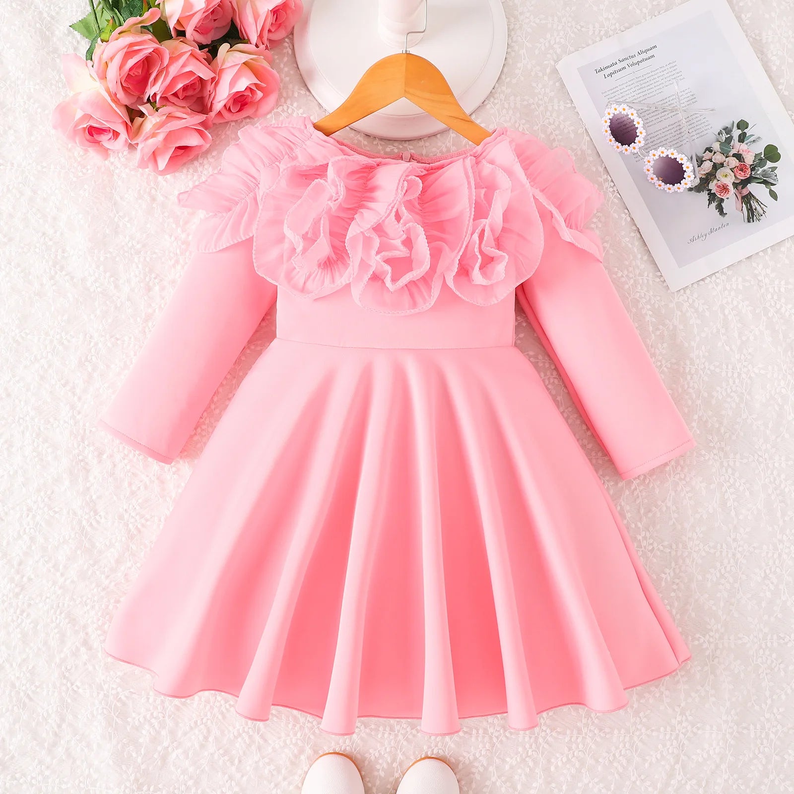جديد ربيع وخريف small and medium children's clothing solid color أكمام طويلة lace collar أميرة فستان