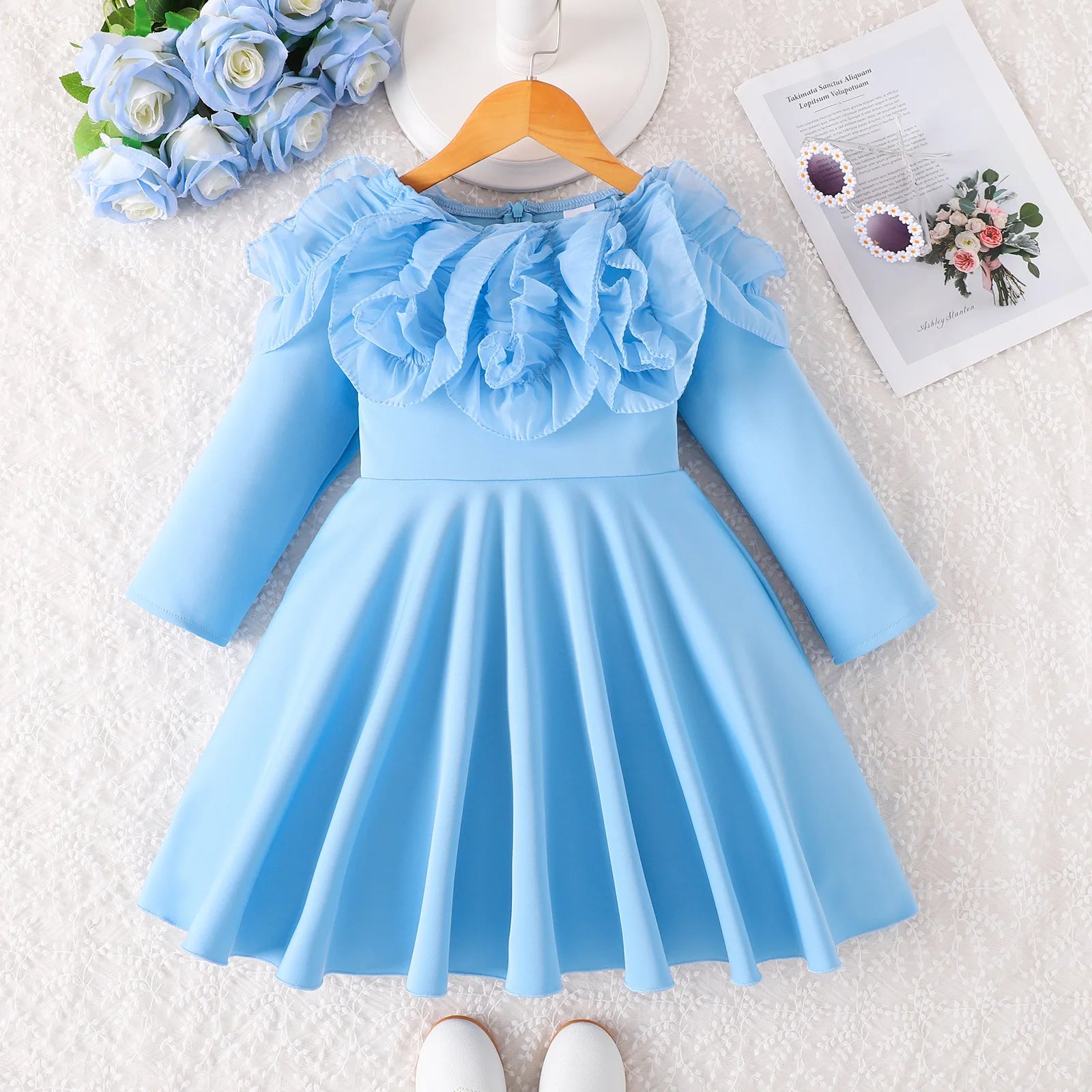 جديد ربيع وخريف small and medium children's clothing solid color أكمام طويلة lace collar أميرة فستان