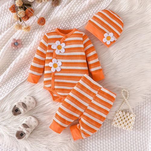 orange white striped جمبسوت with كاجوال pants floral flower hat cute cotton children's طقم of three for baby بنات