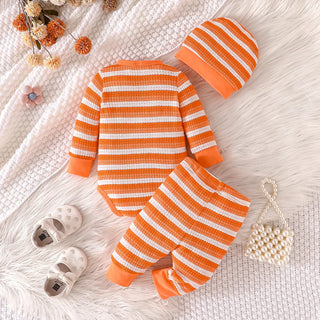 orange white striped جمبسوت with كاجوال pants floral flower hat cute cotton children's طقم of three for baby بنات