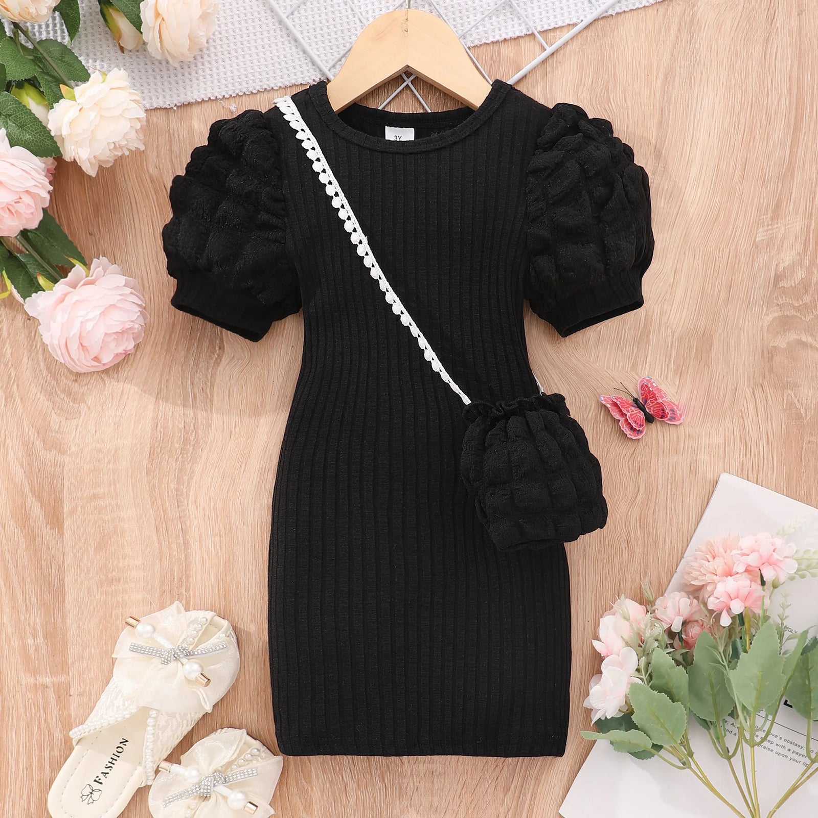 أكمام قصيرة bubble فستان for بنات light knitted fabric with button decoration small medium-sized children solid color صيف