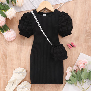 أكمام قصيرة bubble فستان for بنات light knitted fabric with button decoration small medium-sized children solid color صيف
