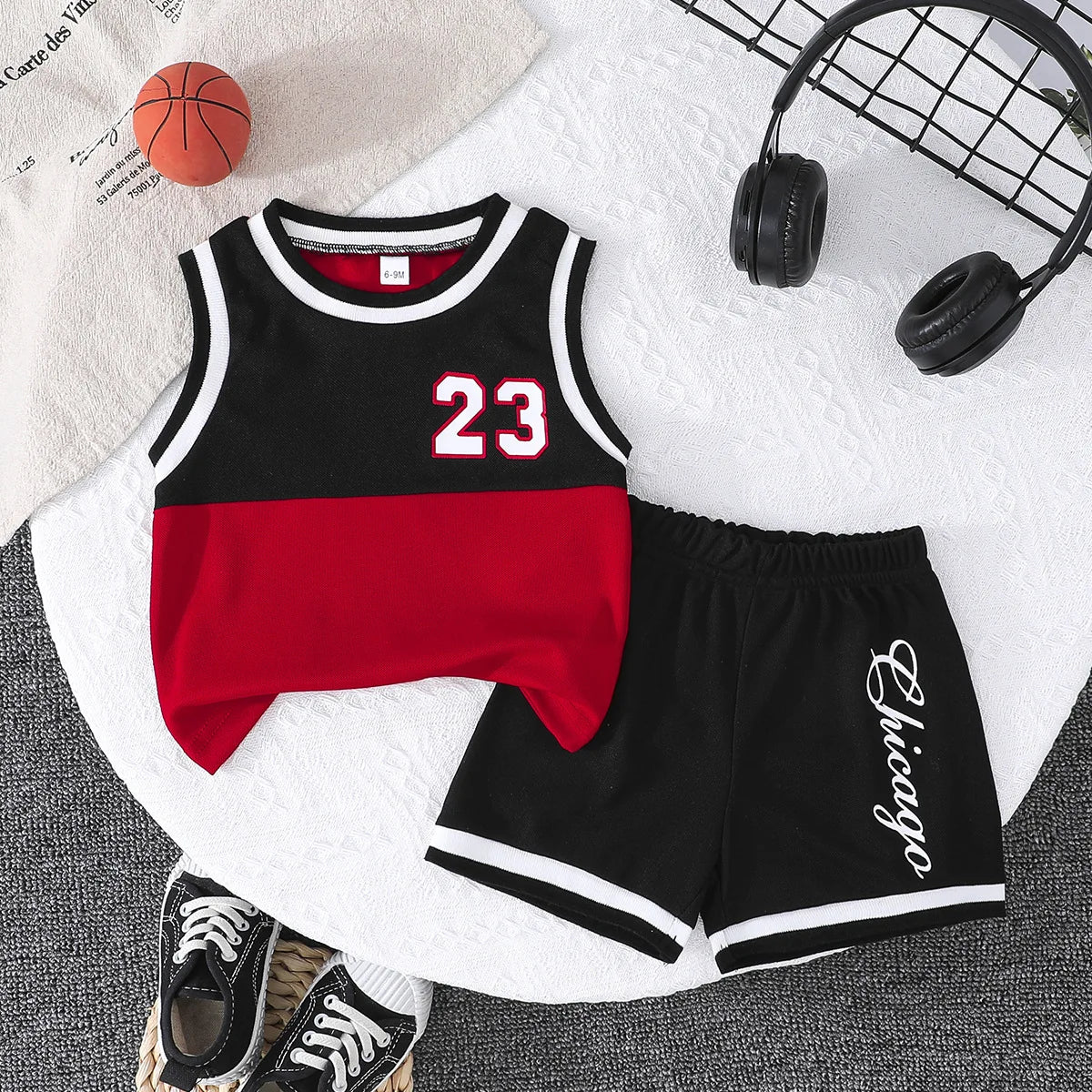 بدون أكمام black and red baby basketball بدلة with print pattern includes كاجوال fashion pants-طقم قطعتين