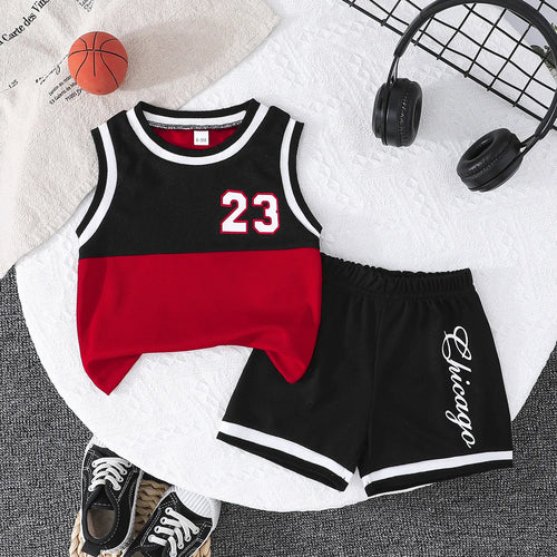 بدون أكمام black and red baby basketball بدلة with print pattern includes كاجوال fashion pants-طقم قطعتين