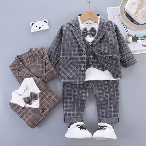 small medium-sized أولاد three-piece بدلة خريف cardigan jacket with bow tie waistcoat and plaid children's clothing طقم