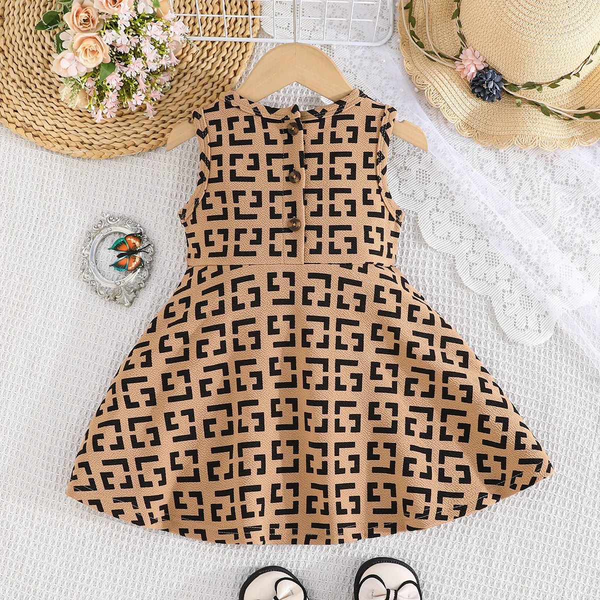 solid pattern geometric bow decorative بدون أكمام فستان for baby بنات صيف knitted fabric with floral decoration