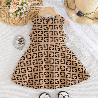 solid pattern geometric bow decorative بدون أكمام فستان for baby بنات صيف knitted fabric with floral decoration