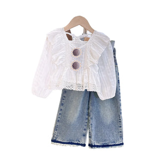 ربيع وخريف جديد بنت cute bubble كم توب with straight jeans طقم قطعتين