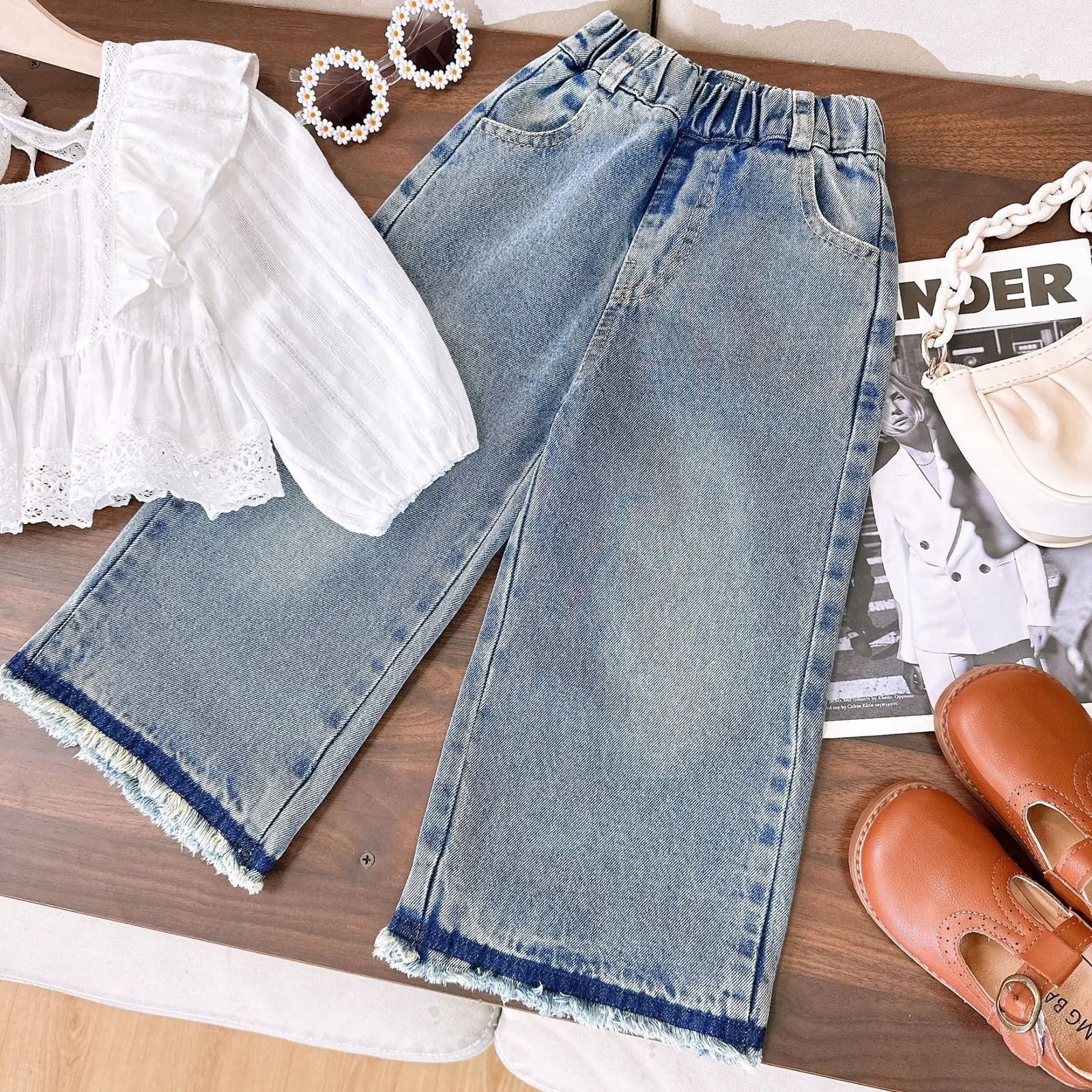 ربيع وخريف جديد بنت cute bubble كم توب with straight jeans طقم قطعتين