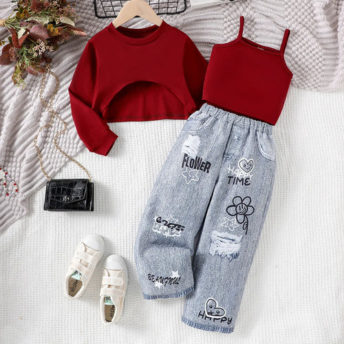 ربيع وخريف جديد product explosion-printed pants بدلة for بنات children's clothing طقم