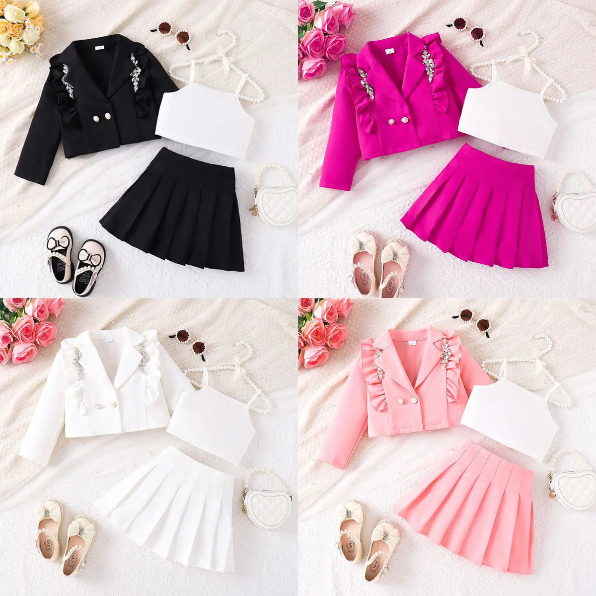 ربيع وخريف جديد ستايل بنت's طقم with strap inner coat and ruffle جيب 3-piece طقم