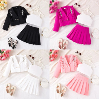 ربيع وخريف جديد ستايل بنت's طقم with strap inner coat and ruffle جيب 3-piece طقم