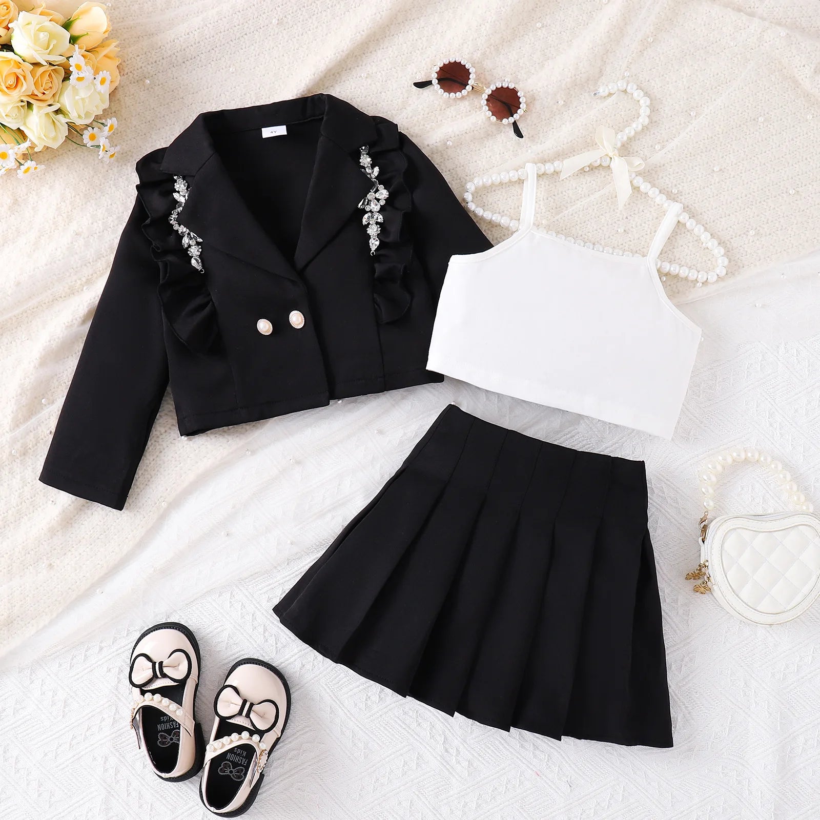 ربيع وخريف جديد ستايل بنت's طقم with strap inner coat and ruffle جيب 3-piece طقم