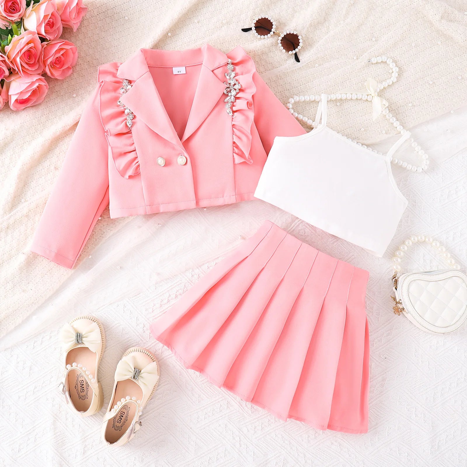ربيع وخريف جديد ستايل بنت's طقم with strap inner coat and ruffle جيب 3-piece طقم