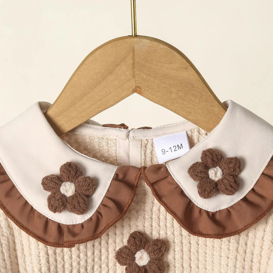 step بنت خريف/شتاء طقم with collar أكمام طويلة three dimensional flower pants 2-piece طقم
