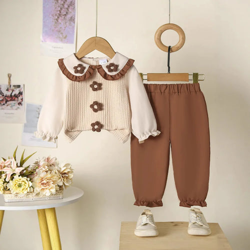 step بنت خريف/شتاء طقم with collar أكمام طويلة three dimensional flower pants 2-piece طقم