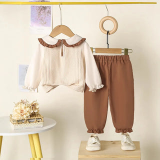 step بنت خريف/شتاء طقم with collar أكمام طويلة three dimensional flower pants 2-piece طقم