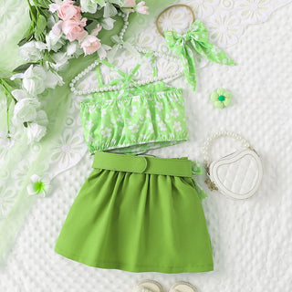 صيف كاجوال بنت بدلة with بليسيه جيب and belt children's flower print sling and baby بنت طقم hot for صيف clothes طقم