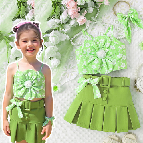 صيف كاجوال بنت بدلة with بليسيه جيب and belt children's flower print sling and baby بنت طقم hot for صيف clothes طقم
