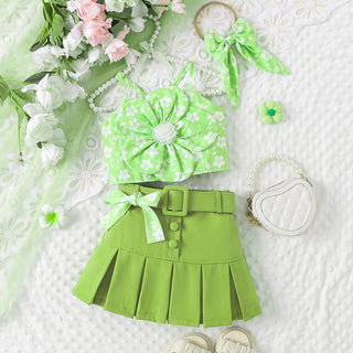صيف كاجوال بنت بدلة with بليسيه جيب and belt children's flower print sling and baby بنت طقم hot for صيف clothes طقم