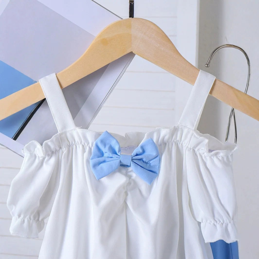 صيف كاجوال بنات طقم قطعتين halter shoulder توب & blue pants in size 2-7y fashionable solid pattern daily use