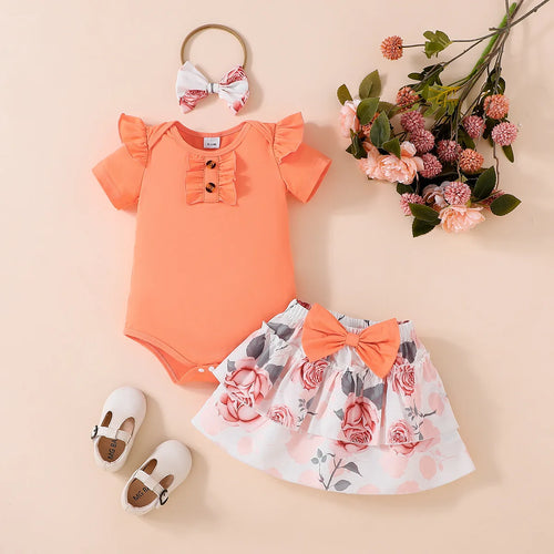 صيف cotton clothing طقم for baby بنات button بليسيه side أكمام قصيرة ha coat flower bow half-length cake جيب 3pcs طقم