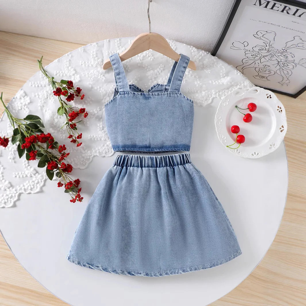 صيف cute بنت's clothing دينم embroidery cherry single-breasted فيست قصير جيب بنات clothing sets children's clothing