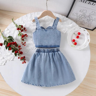 صيف cute بنت's clothing دينم embroidery cherry single-breasted فيست قصير جيب بنات clothing sets children's clothing