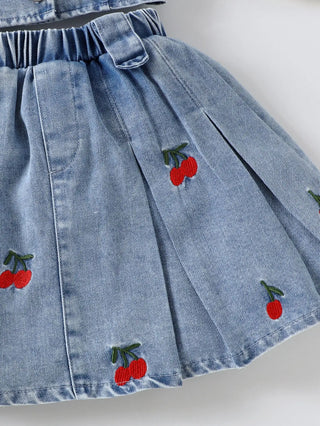 صيف cute بنت's clothing دينم embroidery cherry single-breasted فيست قصير جيب بنات clothing sets children's clothing