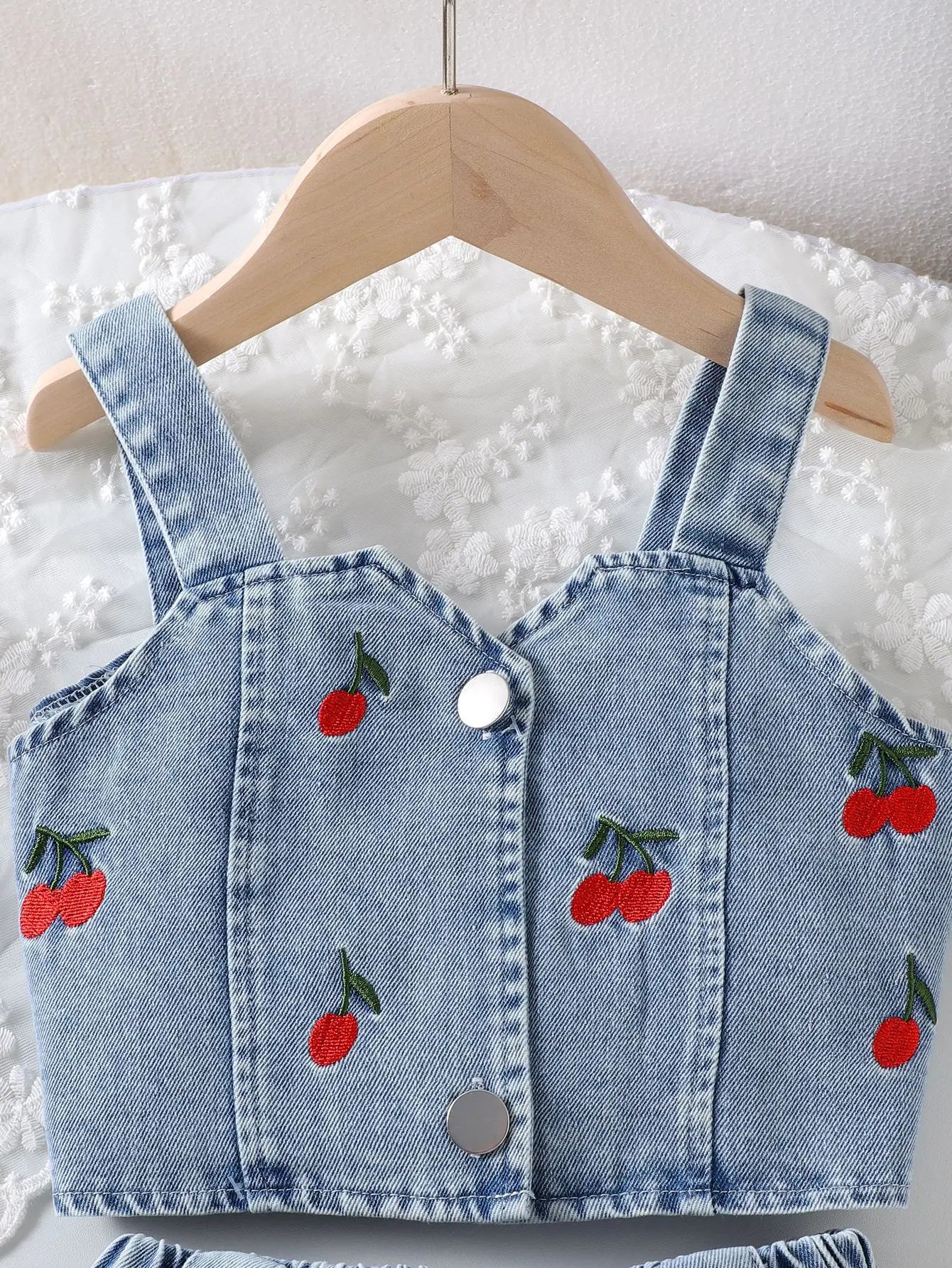 صيف cute بنت's clothing دينم embroidery cherry single-breasted فيست قصير جيب بنات clothing sets children's clothing