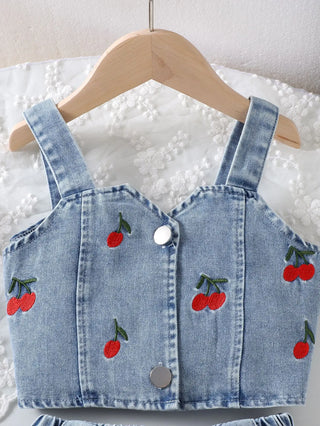 صيف cute بنت's clothing دينم embroidery cherry single-breasted فيست قصير جيب بنات clothing sets children's clothing