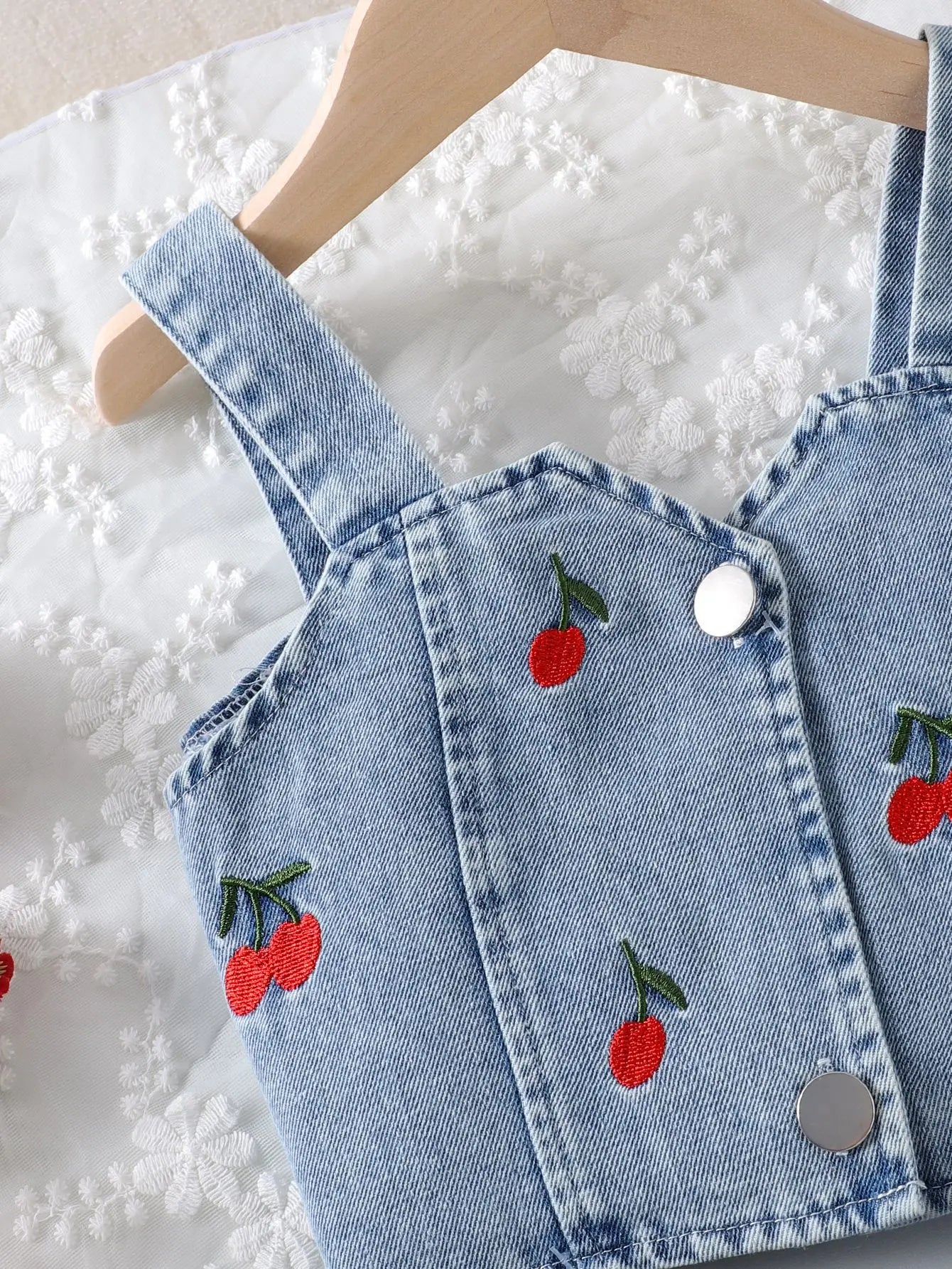 صيف cute بنت's clothing دينم embroidery cherry single-breasted فيست قصير جيب بنات clothing sets children's clothing