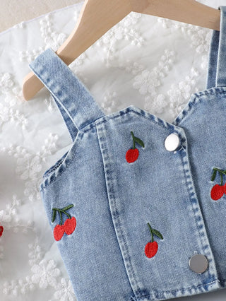 صيف cute بنت's clothing دينم embroidery cherry single-breasted فيست قصير جيب بنات clothing sets children's clothing