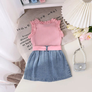 صيف بنت 4t clothing طقم solid color cotton فيست with lace pit and دينم جيب cross-border foreign trade جديد model