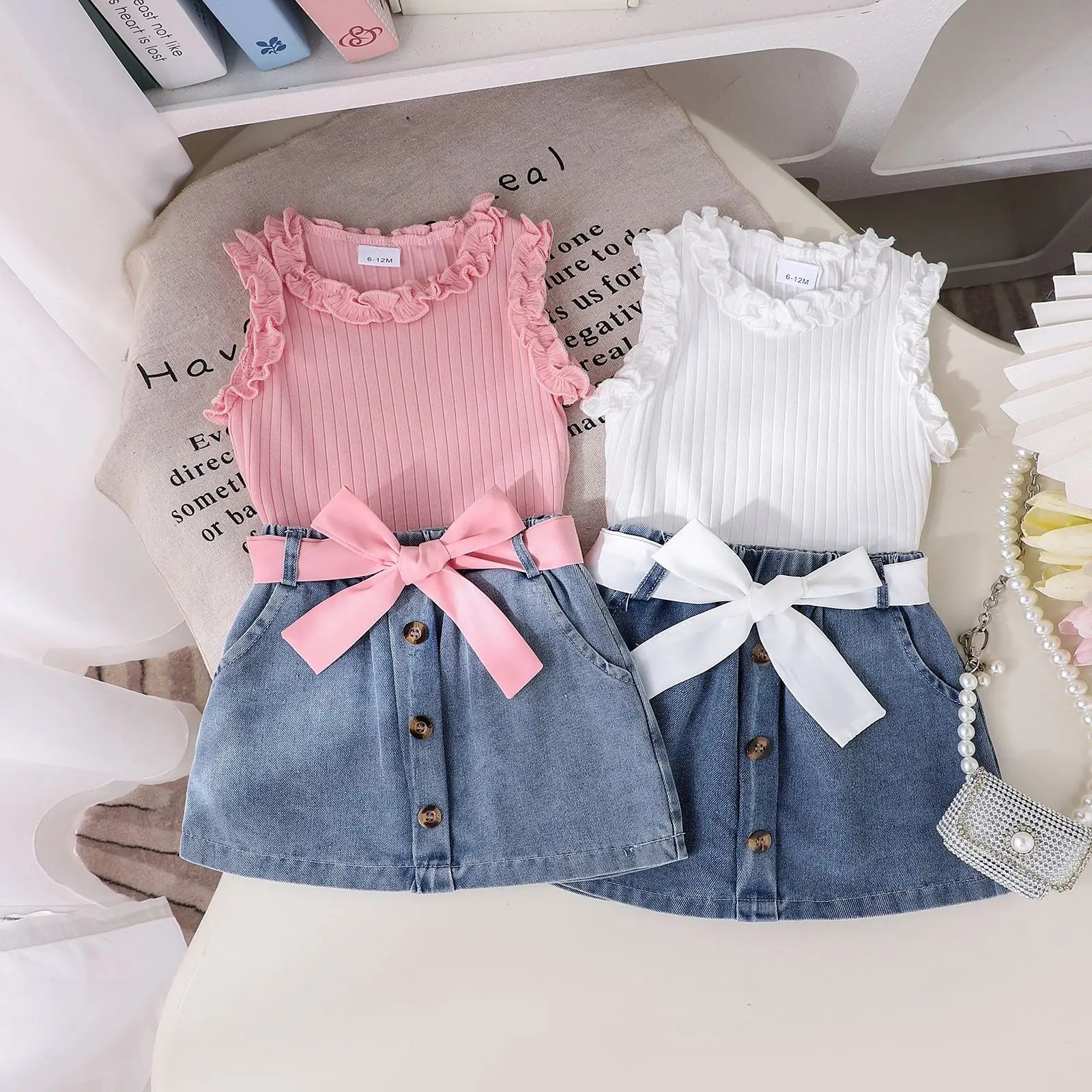 صيف بنت 4t clothing طقم solid color cotton فيست with lace pit and دينم جيب cross-border foreign trade جديد model