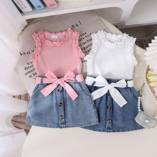 صيف بنت 4t clothing طقم solid color cotton فيست with lace pit and دينم جيب cross-border foreign trade جديد model