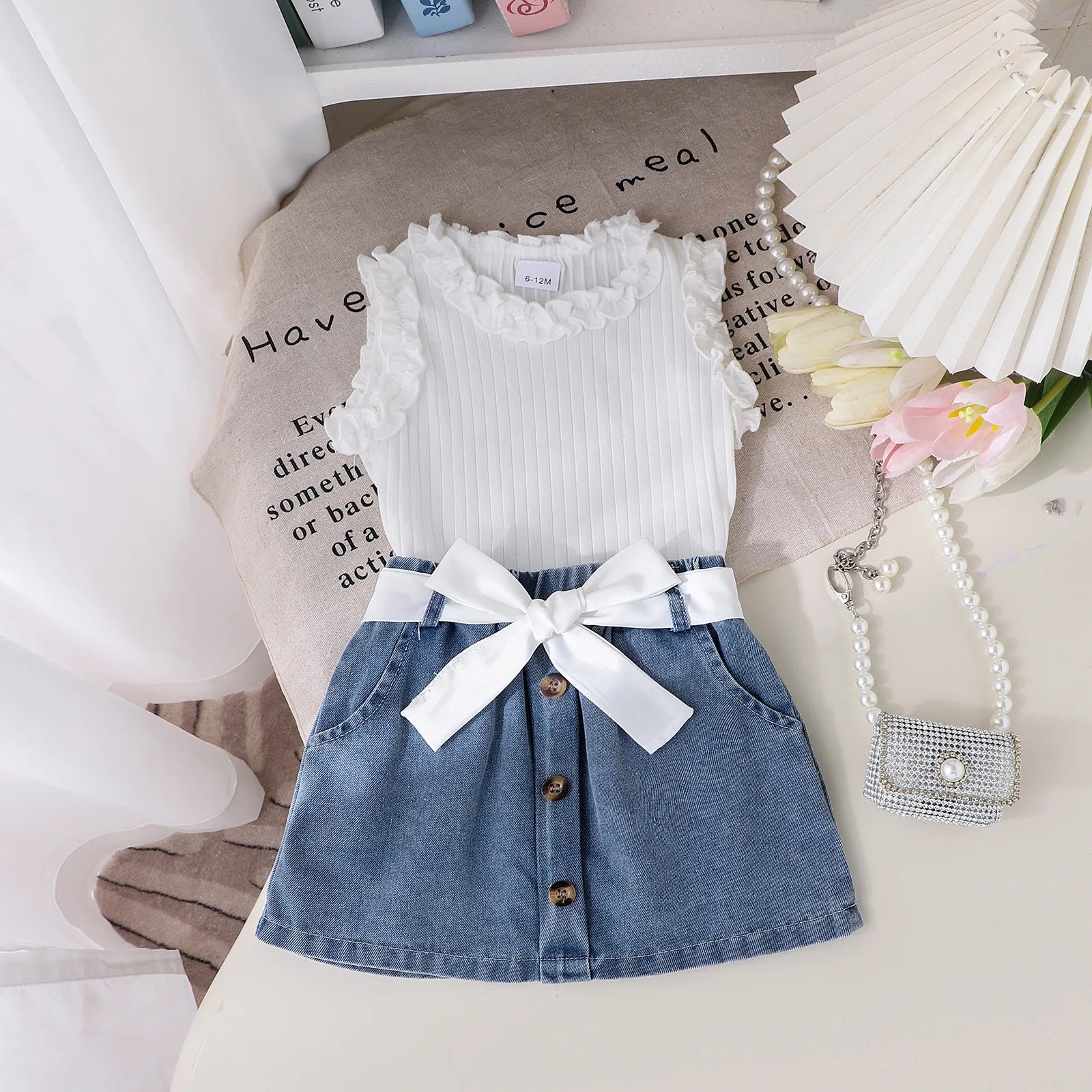 صيف بنت 4t clothing طقم solid color cotton فيست with lace pit and دينم جيب cross-border foreign trade جديد model