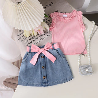صيف بنت 4t clothing طقم solid color cotton فيست with lace pit and دينم جيب cross-border foreign trade جديد model