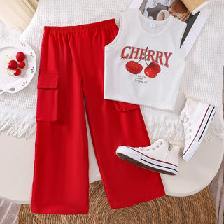 صيف بنت طقم قطعتين كم فيست red wide leg cotton knit outfit animal logo صيف outfits