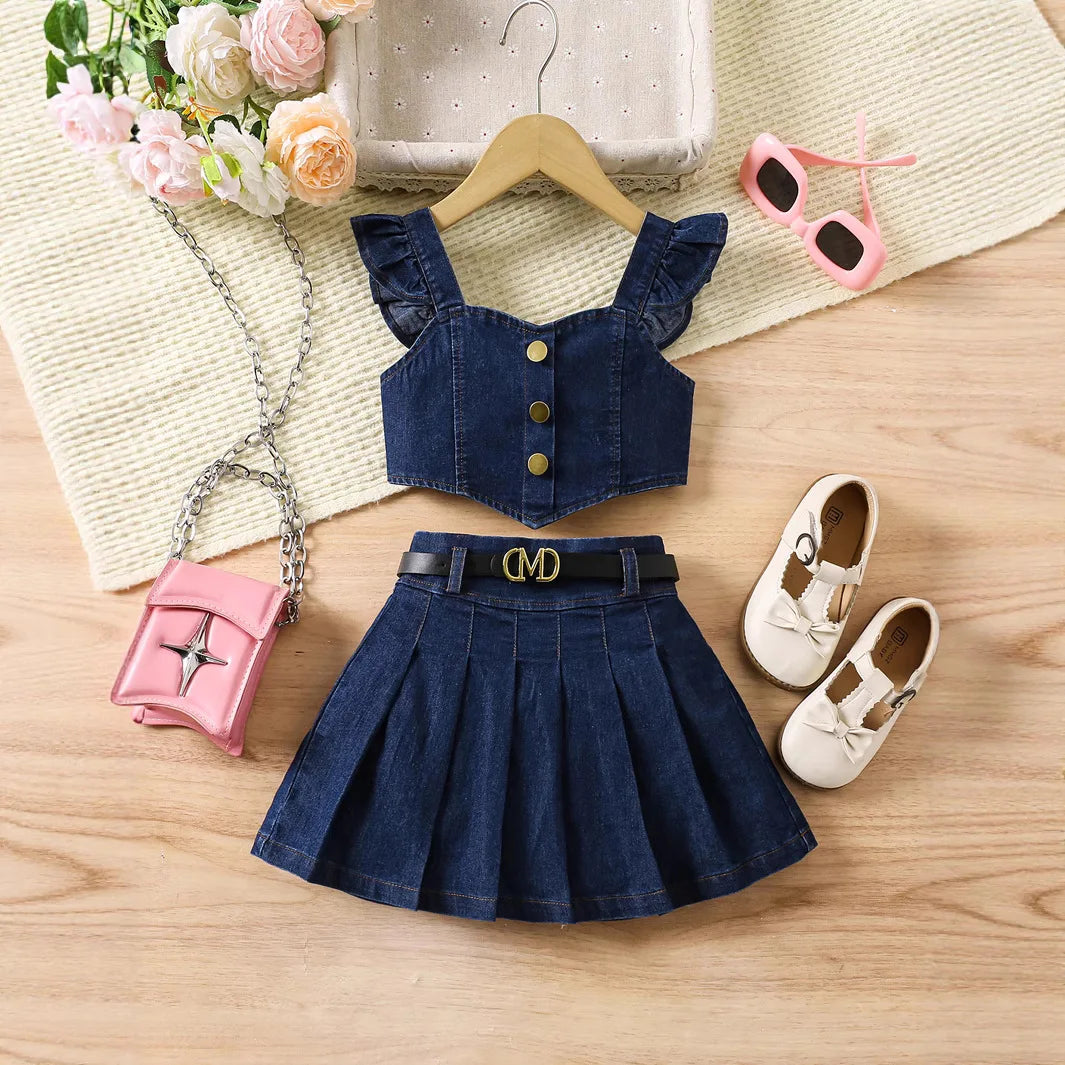 صيف بنات كاجوال 2-piece طقم fly كم decorative buckle irregular back pull توب & elastic بليسيه جيب دينم solid pattern