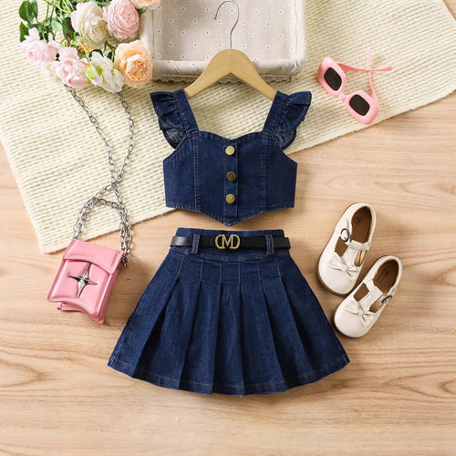 صيف بنات كاجوال 2-piece طقم fly كم decorative buckle irregular back pull توب & elastic بليسيه جيب دينم solid pattern
