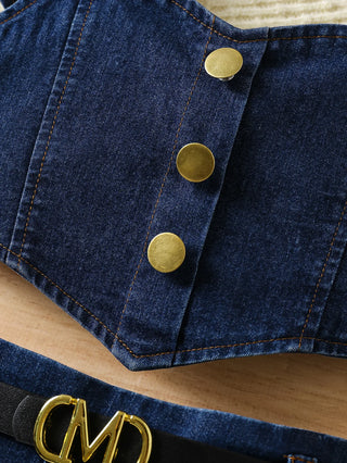 صيف بنات كاجوال 2-piece طقم fly كم decorative buckle irregular back pull توب & elastic بليسيه جيب دينم solid pattern