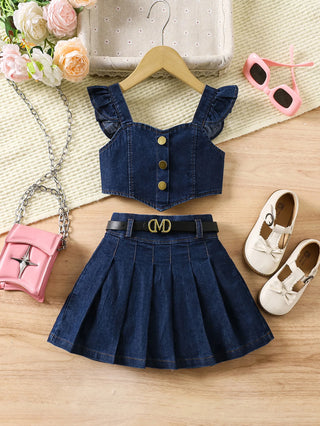 صيف بنات كاجوال 2-piece طقم fly كم decorative buckle irregular back pull توب & elastic بليسيه جيب دينم solid pattern