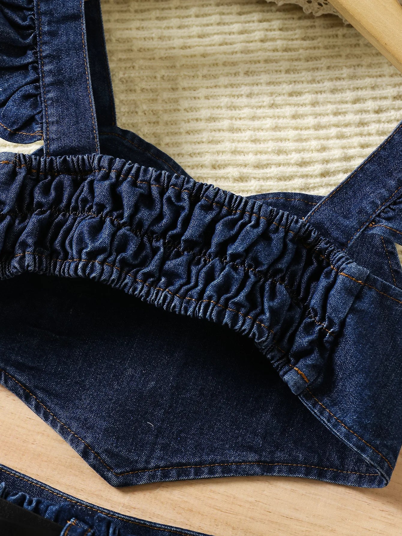 صيف بنات كاجوال 2-piece طقم fly كم decorative buckle irregular back pull توب & elastic بليسيه جيب دينم solid pattern
