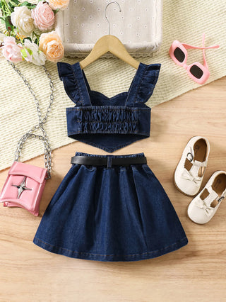 صيف بنات كاجوال 2-piece طقم fly كم decorative buckle irregular back pull توب & elastic بليسيه جيب دينم solid pattern